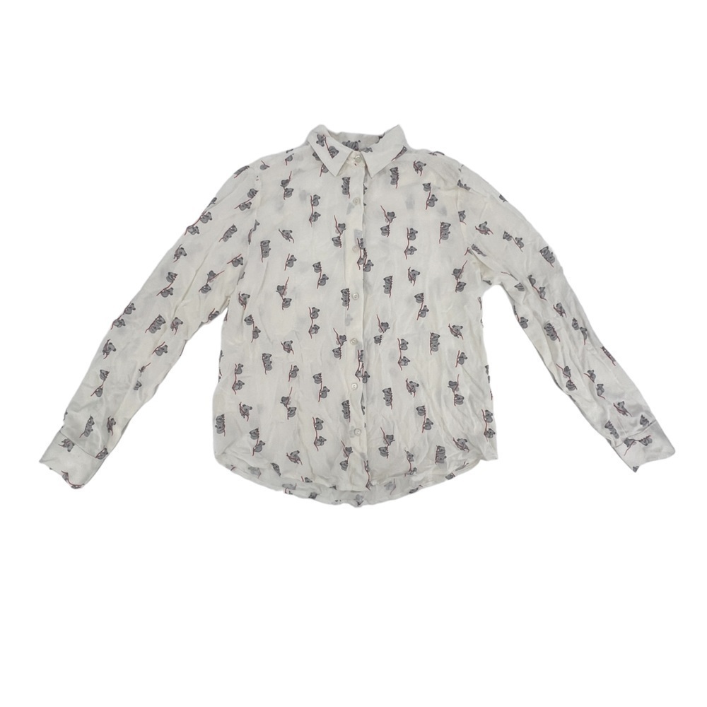 Japna Off White Gray Koala Long Sleeve Button Up Blouse Size Small Women’s
